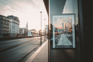 Fototapeta na wymiar A white poster in a lightbox against a blurred cityscape. Generative AI