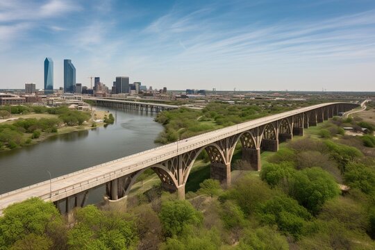 Panoramic Fort Worth skyline, bridges & park trail by Trinity River. Generative AI