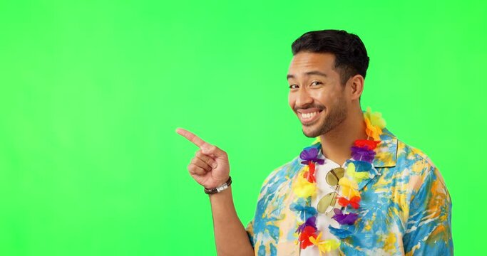 Pointing, green screen and come join us in Hawaii with a man in studio to offer a holiday or vacation trip. Portrait, smile and welcome with a happy young male tourist in the promotion of travel