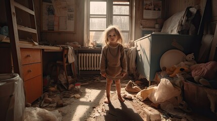 Crying sad girl in dirty cluttered apartment, child from dysfunctional family with child abuse and neglect, abandoned girl raised in dysfunctional family dressed in untidy clothes, generative AI