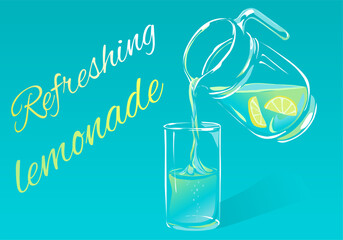 Vector image with glass jug from which lemonade is poured into glass. Illustration in retro style on blue background.