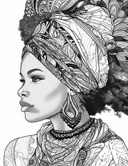 Coloring Page with Portrait of a Black Woman, White Background, and Clothing Designed in Mandala Style. Generative AI 