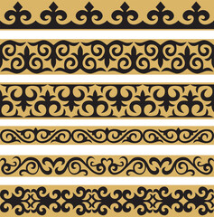 Set of vector gold and black seamless Kazakh national ornament. Ethnic pattern of the nomadic peoples of the great steppe, the Turks. Border, frame Mongols, Kyrgyz, Buryats, Kalmyks..
