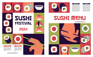 Abstract food posters. Asian sushi menu background.  Japanese cuisine banner. Vector set