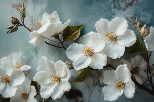 Decorative background with nature's white flowers painted on a light-colored canvas. Generative AI