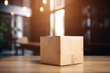 Parcel Box on Wooden Board Table Top with Blurred Interior and Home Background, Mockup for Product Display