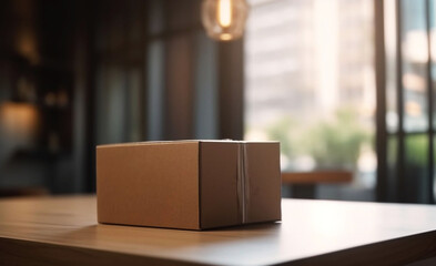 Parcel Box on Wooden Board Table Top with Blurred Interior and Home Background, Mockup for Product Display