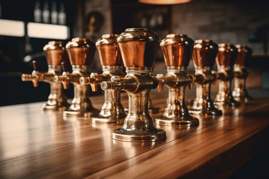 Beer taps with copper color on wooden background, featuring five rounded marquees. Generative AI