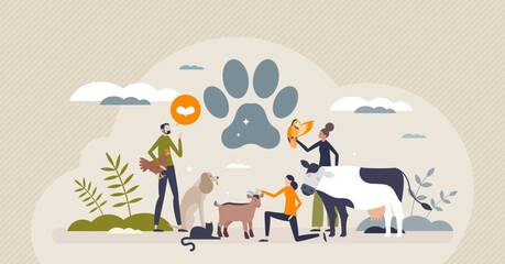 Obraz na płótnie Canvas Animal welfare with best veterinary treatment and care tiny person concept. Ethical wildlife and domestic mammals protection and friendly attitude vector illustration. Dog and cat happiness awareness