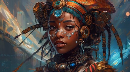 Illustration of a Fantasy woman and abstract art, AI Generated