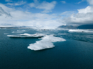 Aerial view of amazing glacier patterns and shapes in Jokulsarlon lake, Iceland. Glacial lagoon...