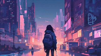 メタバースの仮想空間と人の後ろ姿のイラスト < Generative AI >