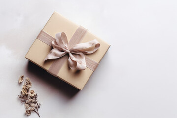 Gift box on neutral beige background, flat lay, top view, copy space. Generative AI