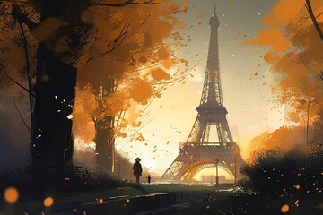 Paris autumn. Illustration, golden hour. Generative AI