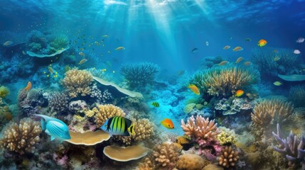 Naklejka na ściany i meble National Oceans Month underwater scene showcasing the beautiful sea creatures. Generative AI