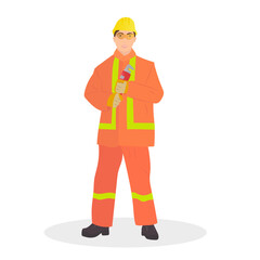 A worker in an orange work uniform is holding a wrench. Flat cartoon illustration