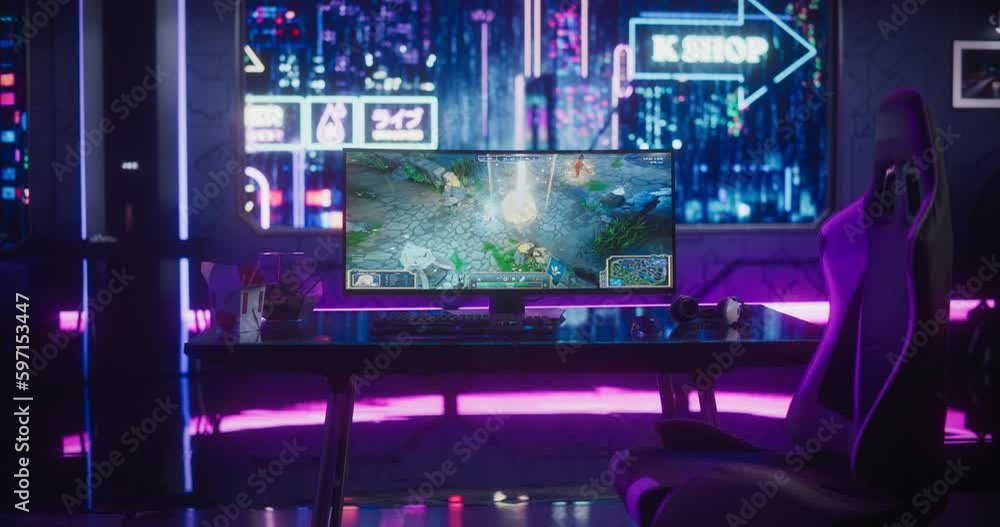 Poster empty gaming station with computer screen showing fantasy rpg strategy video game. online esports ga