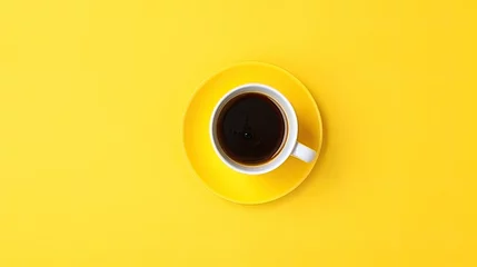 Foto op Plexiglas Top view of a white coffee cup on a yellow saucer and yellow background. Generative AI © Mockup Station