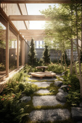 Private garden that merges modernist design principles with the contemporary Scandinavian residential architecture that captures the minimalist and contemporary design philosophy. Generative AI