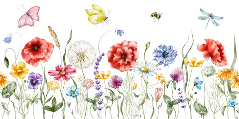 Watercolor floral seamless border – Wildflowers: summer flower, blossom, poppies, chamomile, dandelions, cornflowers, lavender, violet, bluebell, clover, buttercup, butterfly.