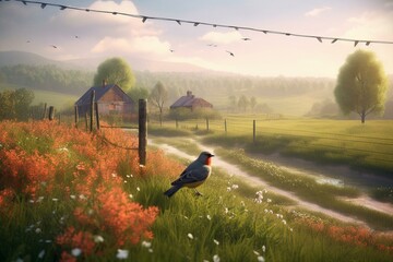 Naklejka na ściany i meble Digital artwork of countryside in spring with bird. Generative AI