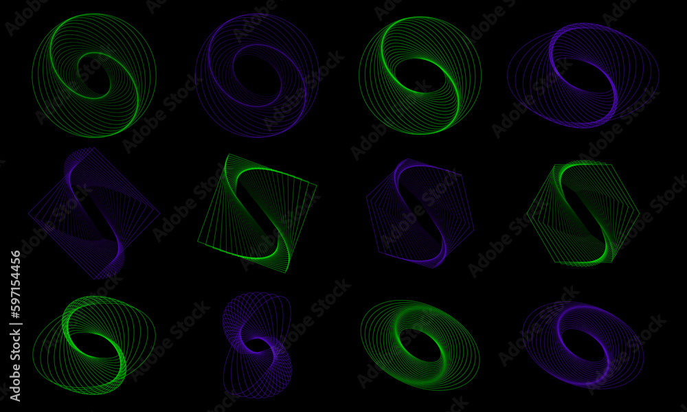 Poster set of abstract design elements. y2k symbols. geometric shapes. circle in spiral with lines as icon,