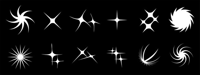 Y2K symbols, a large set of retro stars objects for design, projects, posters, banners and business cards. Vector symbols on black background. Vector EPS 10