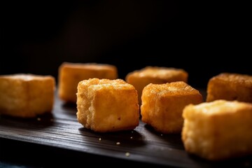 crispy fried tofu cubes on a bamboo mat