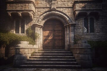 Medieval prison/castle with wooden door, stone steps, brick wall; palace entrance with light through barred window. Fairy tale/cartoon building. Generative AI