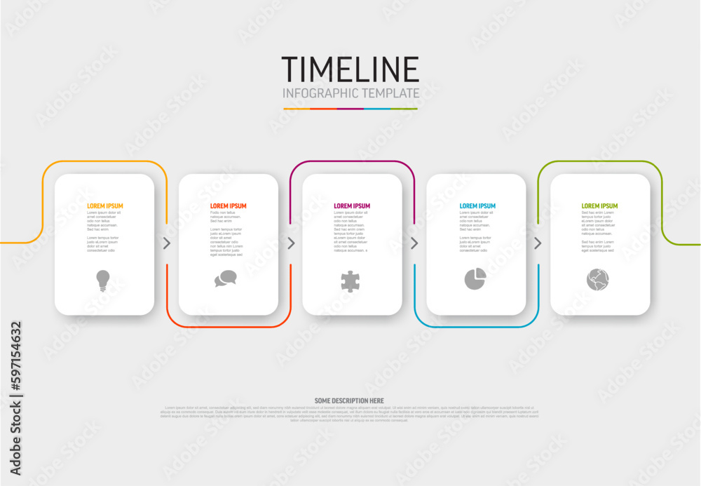 Poster light five steps template with white cards colorful tabs icons and description