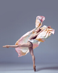 Charming ballerina dancing graceful movement with fabric over grey studio background. Gorgeous silhouette © Lustre Art Group 