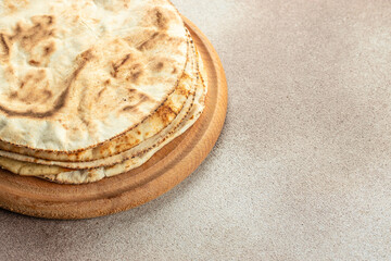 Pitta flat breads. Food recipe background. Close up