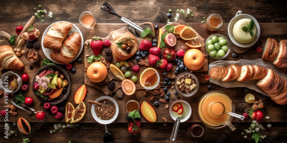 Poster a continental breakfast was captured from above in space- generative ai.