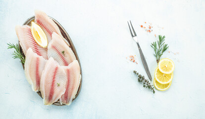 fish fillet tilapia or pangasius with spices and lemon on a light background. Long banner format. top view