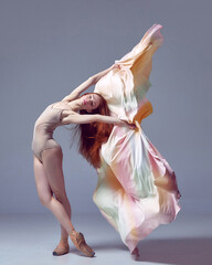 One graceful ballerina wearing rainbow dress dancing graceful movement on grey studio background. Solo performance © Lustre Art Group 