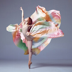 Young classical dancer wearing colorful flying dress dancing on fingertips over grey studio background. Tender soul