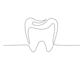 Continuous line art drawing of tooth. Dentist orthodontics - tooth single line art drawing vector illustration. Editable stroke.
