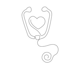 Continuous line art drawing of stethoscope. Stethoscope shapped love heart single line art drawing vector illustration. Editable stroke.
