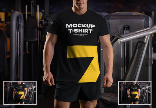 Mockup of a T-shirt with a Round Neck on a Bodybuilder in the Gym