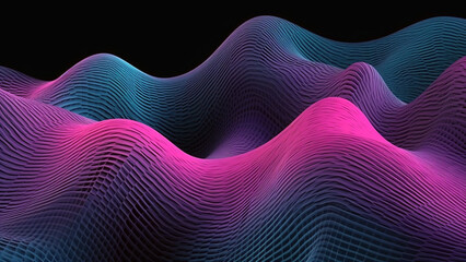 Technology background with connected dots on 3D wave landscape. Data science, particles, digital world, virtual reality, cyberspace, metaverse concept.