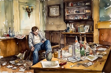 A watercolor painting depicting a chaotic living room with a messy table filled with empty bottles, and a disheveled man slumped on a chair with a glass in his hand. Generative AI
