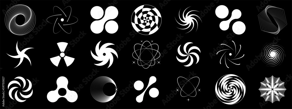 Aufkleber Collection of abstract graphic geometric symbols and objects in y2k style. Retro objects for design, projects, posters, banners and business cards. Vector symbols on black background