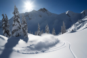 Fototapeta premium Backcountry ski lines cover a beautiful hill of perfect powder with blue skies overhead