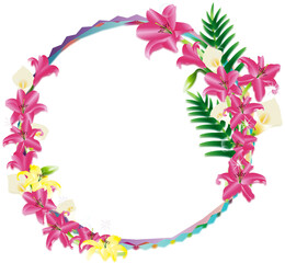 ゆりとカラーの花のリース風横長背景フレーム素材