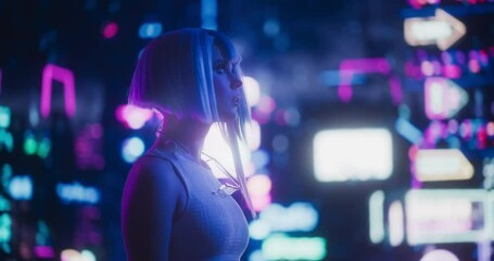 Portrait of an Excited Beautiful Young Female with Blue Hair Wandering Around a Futuristic Urban Center with Neon Lights and Artificial Intelligence Technology. Arc Shot - Powered by Adobe