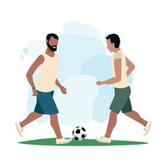 Happy friends play football. Active rest and healthy lifestyle. Vector illustration in a simple style.