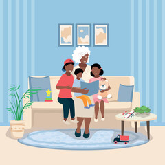 Happy grandmother plays with her grandchildren at home. Family time. Vector illustration in a flat style.