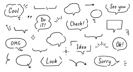 Fototapeta premium Balloon text frame decoration set. Simple hand drawn pen line speech bubble, cloud, balloon frame for text border. Doodle elegant dialog bubble, title headline. Vector illustration