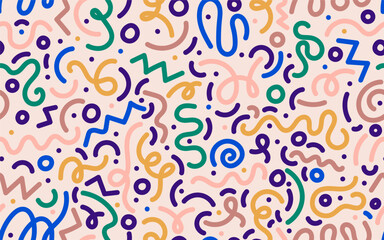 Colorful line doodle seamless pattern. Creative abstract colored squiggle style drawing background for kids or trendy design with basic shapes. Simple vector childish scribble wallpaper print. - obrazy, fototapety, plakaty