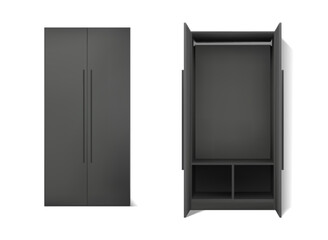 3d realistic vector icon set. Dark dress cupboard with two doors open and closed. Isolated on white background.
